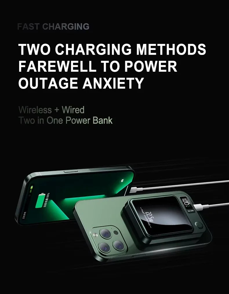 10000mAh Magnetic Power Bank, a 2-in-1 Multi-Functional Charger That Supports Wired and Wireless Charging, Is a Portable External Battery Suitable for Mobile Phones and Smart Devices.