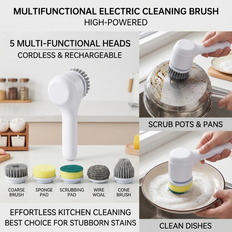 Electric Spin Scrubber Cordless Spin Scrubber with 5 Replaceable Brush Heads Electric Cleaning Brush Cleaning Tools