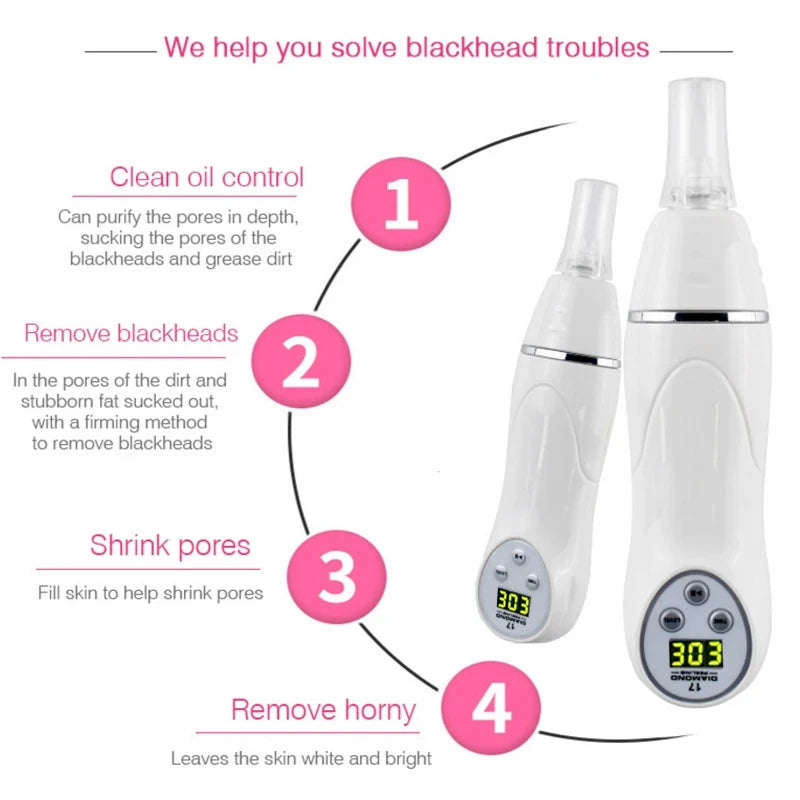 Diamond Microdermabrasion Blackhead Remover Vacuum Facial Pore Cleaner USB Rechargeable 6 Suction Tips for Home Facial Skin Care