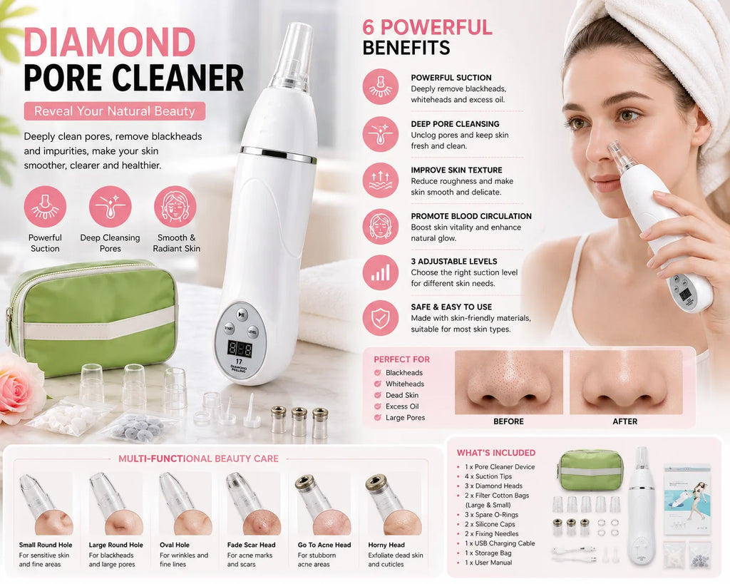 Diamond Microdermabrasion Blackhead Remover Vacuum Facial Pore Cleaner USB Rechargeable 6 Suction Tips for Home Facial Skin Care