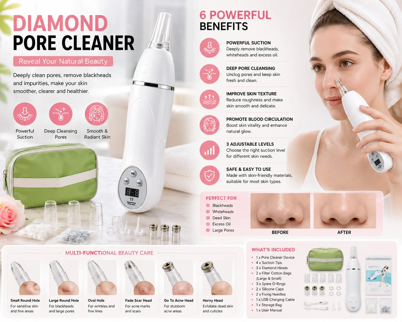 Diamond Microdermabrasion Blackhead Remover Vacuum Facial Pore Cleaner USB Rechargeable 6 Suction Tips for Home Facial Skin Care