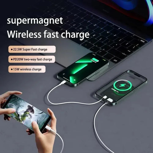 10000mAh Magnetic Power Bank, a 2-in-1 Multi-Functional Charger That Supports Wired and Wireless Charging, Is a Portable External Battery Suitable for Mobile Phones and Smart Devices.