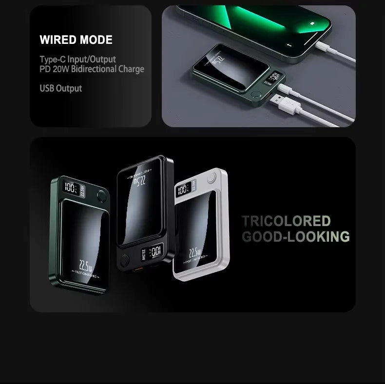 10000mAh Magnetic Power Bank, a 2-in-1 Multi-Functional Charger That Supports Wired and Wireless Charging, Is a Portable External Battery Suitable for Mobile Phones and Smart Devices.