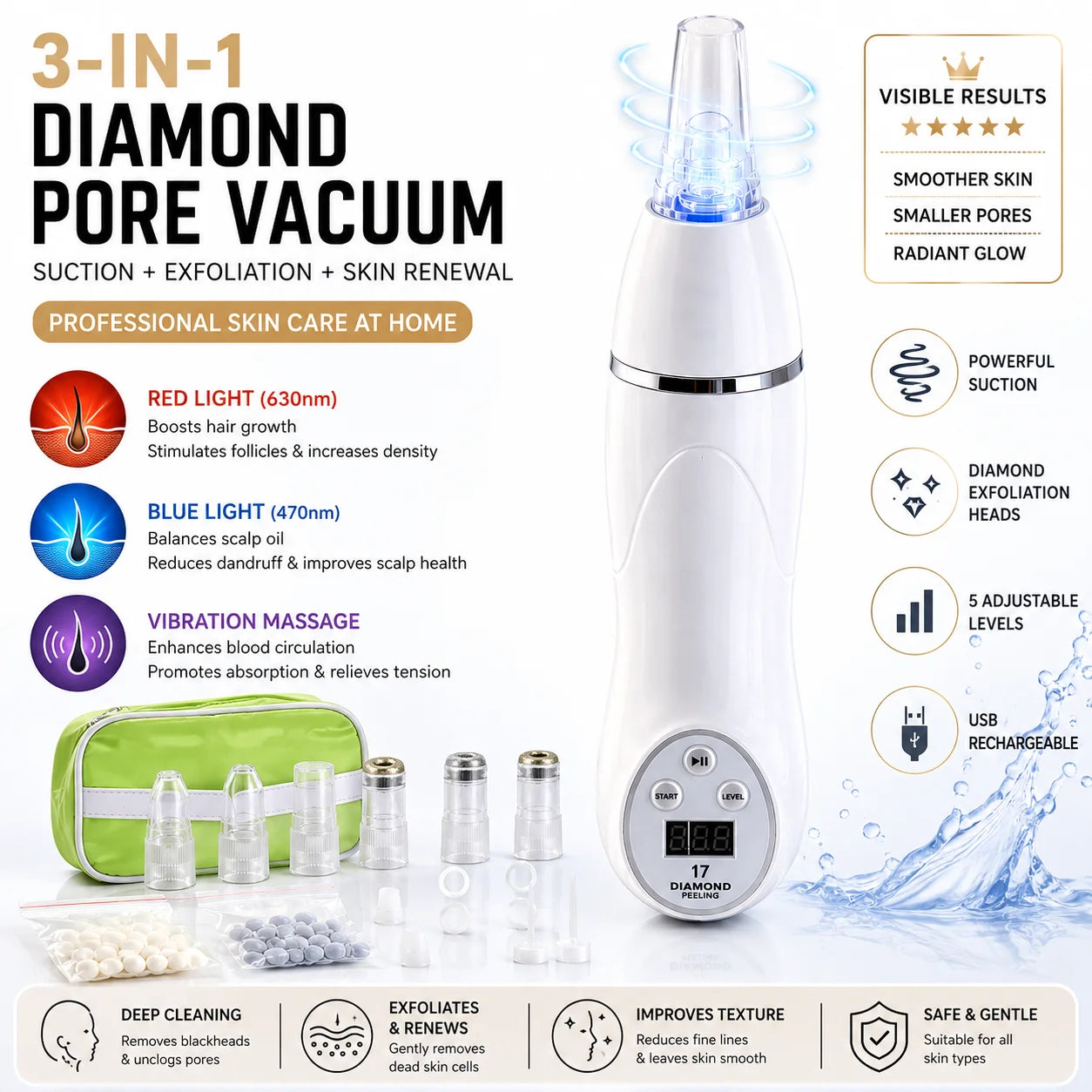 Diamond Microdermabrasion Blackhead Remover Vacuum Facial Pore Cleaner USB Rechargeable 6 Suction Tips for Home Facial Skin Care